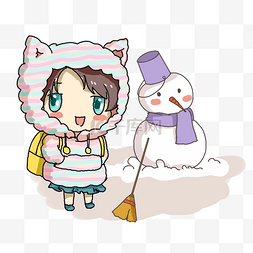 小女孩和雪人卡通手绘插画