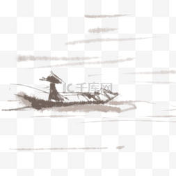 水墨风的小船和船夫