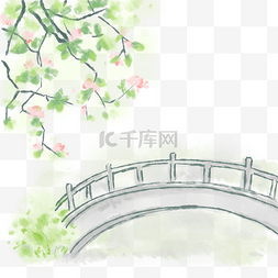 手绘美景图片_淡彩风格春天的花树和小桥