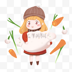 冬天吃饺子图片_冬至日系可爱手绘抱着饺子的女孩