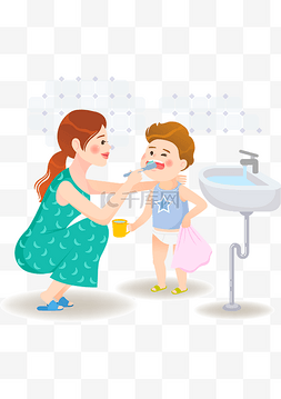母亲矢量插画图片_母子洗漱刷牙互动矢量