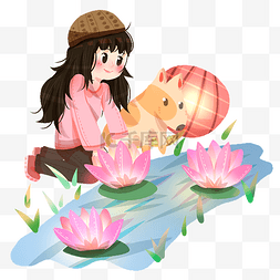 放灯笼的人插画图片_元宵节放荷花灯的小女孩