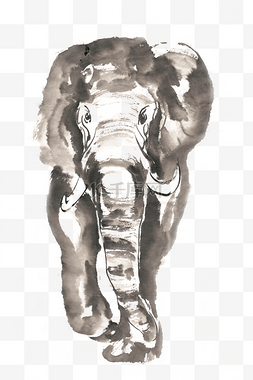 缓慢行进的大象水墨画PNG免抠素材