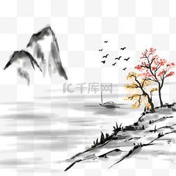 国画水墨风景山水小舟插画