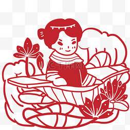在中国文化图片_坐在小船上小女孩莲花剪纸
