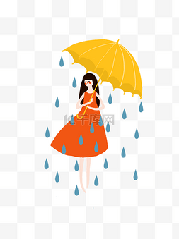 撑着黄雨伞的红裙女孩