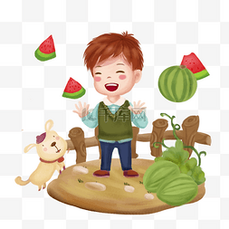 治愈系图片_水果系列快乐小男孩吃西瓜
