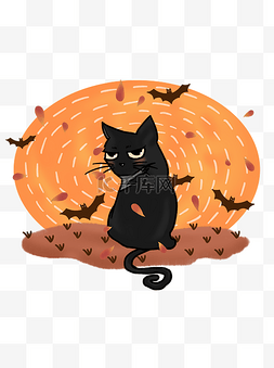 猫咪图片_手绘风插画万圣节黑猫蝙蝠设计元