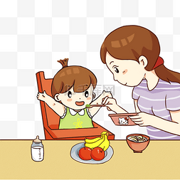 等你回来吃饭图片_手绘卡通妈妈喂小朋友吃饭