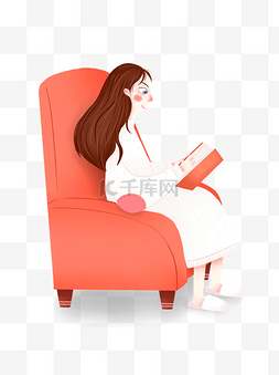 手绘卡通女孩坐在沙发上看书元素