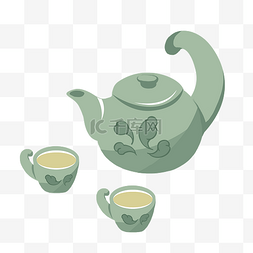 茶杯手绘绿色图片_绿色古风茶壶插画