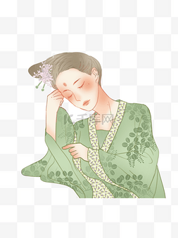 穿绿衣裳的古代优美女子手绘设计