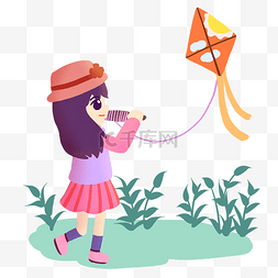 可爱女孩放橘色风筝