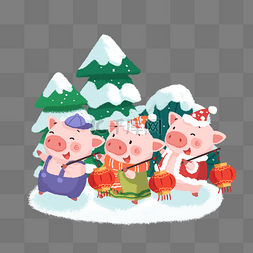 圣诞手绘动物图片_2019手绘三只小猪春节插画系列红