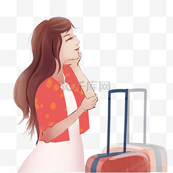 行李箱红色图片_拖着行李箱抬头看的女人 