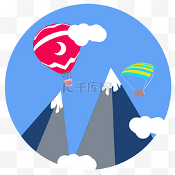 双色热气球图片_红色月亮热气球和条纹降落伞