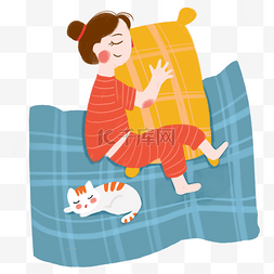 动物和小女孩图片_世界睡眠日卡通手绘抱着枕头的睡