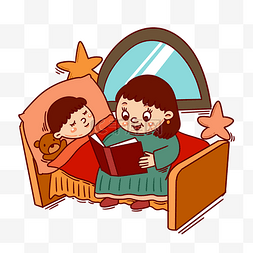 母子看书图片_手绘卡通矢量童话睡前读书