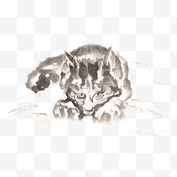 俯卧的小猫水墨画PNG免抠素材