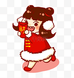 春节开心的女孩图片_卡通手绘春节收到红包的开心女孩
