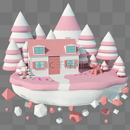 卡通立体房子图片_粉色梦幻3D卡通小房子立体C4D
