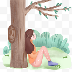 靠着的沙发图片_春天靠着树的女生在户外休息