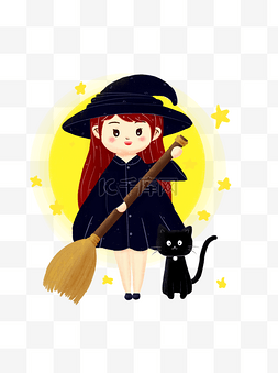 万圣节女巫黑猫扫把帽子