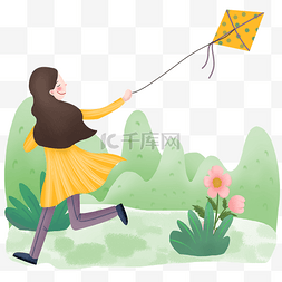 春天小女孩放风筝的场景插画
