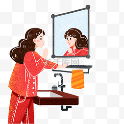 卡通衣服红色图片_卡通女孩在卫生间洗漱免抠图