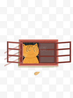 手绘窗外图片_手绘窗外的猫psd插画素材