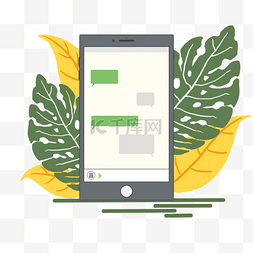 手机海报素材设计图片_绿叶背景装饰手机PNG