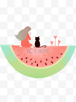 水果坐着的女孩图片_西瓜上坐着的女孩和猫咪元素