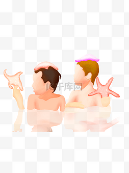 手绘河里洗澡的小孩插画psd素材