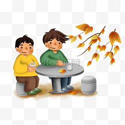 秋天的男孩图片_重阳节树下喝茶的男孩