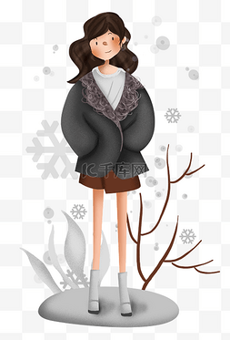 雪花覆盖着的树图片_秋装冬装时尚女性