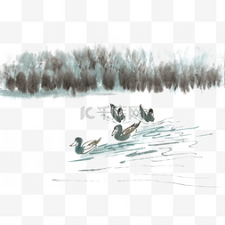 湖水手绘图片_徜徉湖心的鸭子水墨画PNG免抠素材
