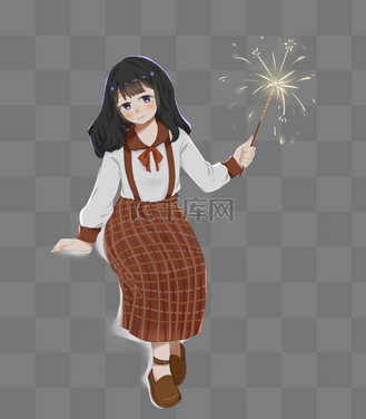 拿烟花的女孩卡通插画