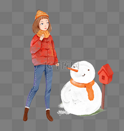 冬季雪人与女孩主题手绘插画