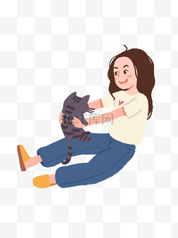 水彩绘撸猫的女生psd插画