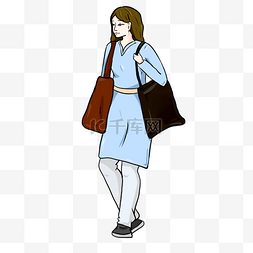 美女购物袋卡通图片_蓝色衣服女性购物插图