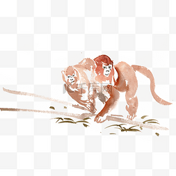 两只猴子水彩画PNG免抠素材
