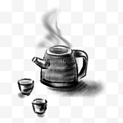茶壶水墨手绘图片_水墨茶具手绘插画