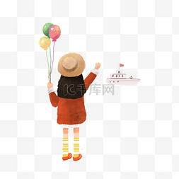 卡通女孩拿着气球免抠图