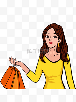卡通时尚女生拿着购物袋元素