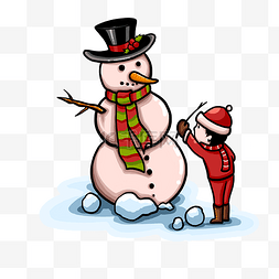 免抠孩子堆雪人图片_圣诞节红白可爱孩子堆雪人免抠元