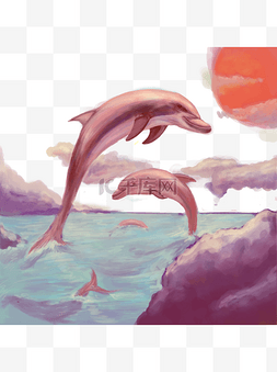 海豚梦幻海景手绘厚涂简约唯美
