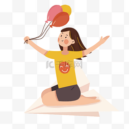 气球笑脸图片_坐纸飞机的女孩拿着气球飞翔