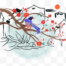 中国风水墨水彩工笔腊梅喜鹊登枝