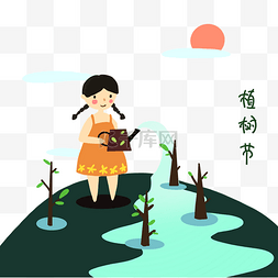 环保绿色小树苗图片_植树节小女孩环保小树苗浇水