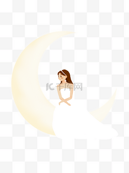 手绘结婚的人图片_清新唯美坐在月亮上的新娘可商用